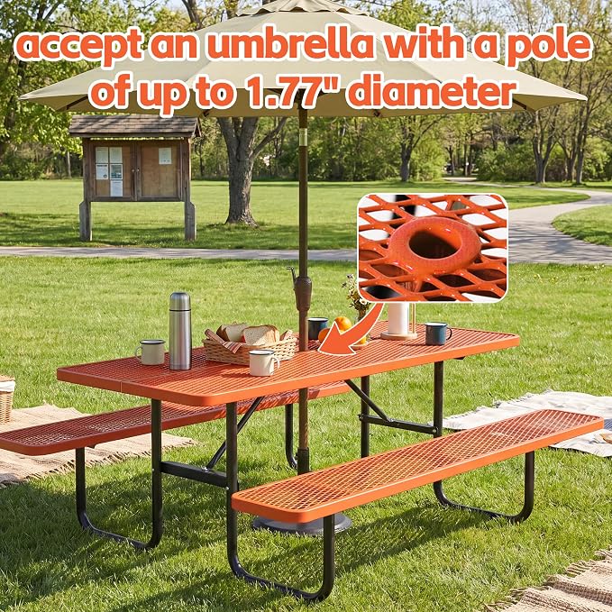 72" Outdoor Rectangular Picnic Table with Umbrella Hole, Heavy Duty Commercial Grade Steel Camping Table for Backyard Patio Deck, Weather-Resistant Orange Metal Mesh