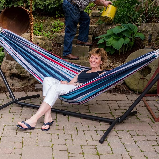 Vivere Double Cotton Hammock with Space Saving Steel Stand, Upgraded Polyester End Strings 450 lb Capacity - Premium Carry Bag Included - USA Grown Cotton (Denim)