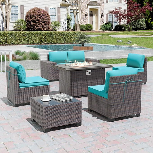7 Pieces Outdoor Patio Furniture Set with 43"/55000BTU Gas Fire Pit Table,PE Rattan Wicker Outdoor Conversation Sofa Set Non-Slip Cushions Waterproof Covers for Backyard,Poolside,Garden,Blue