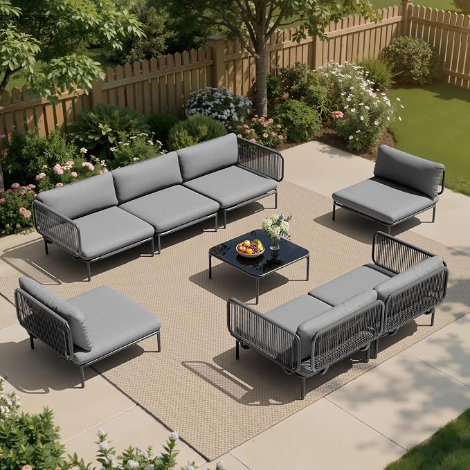 7 Piece Modern Outdoor Sectional Sofa, 31" Oversized Patio Furniture Set with Olefin Woven Rope, Weather-Resistant Metal Frame and Removable Cushion, Dark Grey