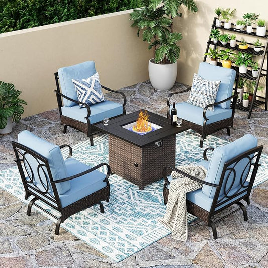 Patio Furniture Set with 32" Fire Pit Table, Patio Conversation Sets 4 Rocking Chairs with Thick Cushion and 50000 BTU Fire Pit Table (5 Pieces,Blue