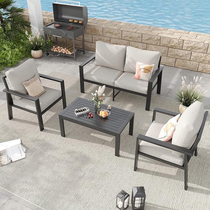 Aluminum Patio Furniture Sets Metal Outdoor Furniture Set with Cushion All-Weather Sectional Sofa with Coffee Table for for Backyard, Garden and Poolside Easy Assembly(Beige)