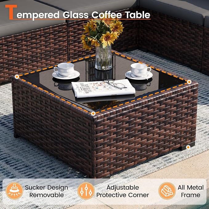 Patio Furniture Set, 7-Piece Outdoor Sectional Rattan Sofa Set with Coffee Table (Grey Cushions with Brown Rattan)