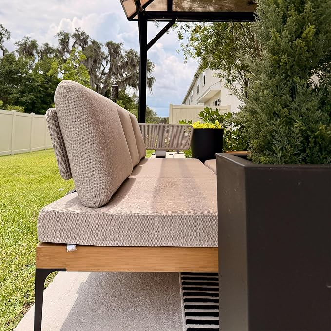PURPLE LEAF Patio Furniture Set Outdoor Sectional Sofa with Coffee Table Cushions and Pillows Wicker L-Shaped 5 Pieces Aluminum Convertible Daybed for Balcony Yard Garden Poolside, Oatmeal Greige