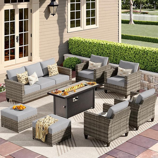 CAODOC 8-Piece Outdoor Wicker Patio Set with 9 Seats, Including 53" Fire Pit - Sectional Sofa and Conversation Set for Backyard or Lawn, Gray Rattan with Waterproof Dark Gray Cushions