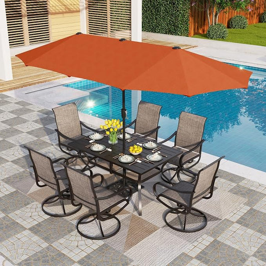 PHI VILLA Patio Dining Set with 13ft Umbrella for 6, Swivel Mesh Chairs | 60'' metal rectangular table, 6 brown outdoor textilene chairs and 13ft orange red umbrella(NO BASE) for deck, garden, yard