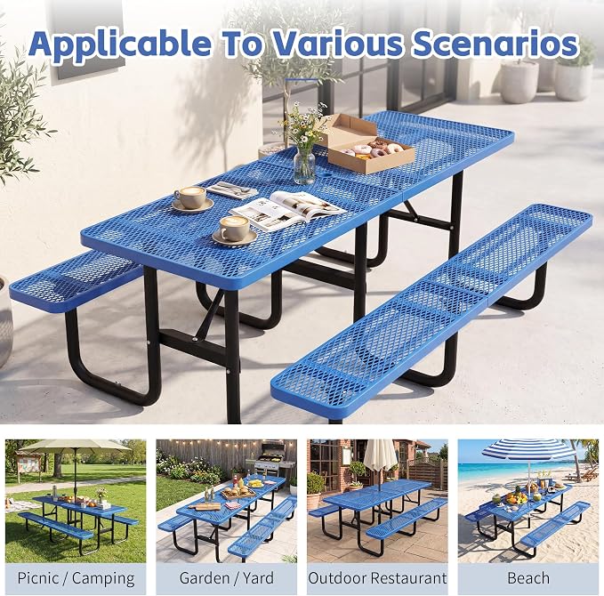 96" Rectangular Metal Picnic Table, Commercial Steel Picnic Tables with 1.96" Umbrella Hole, Heavy Duty Picnic Tables for Outdoor Garden Courtyard BBQ, Blue