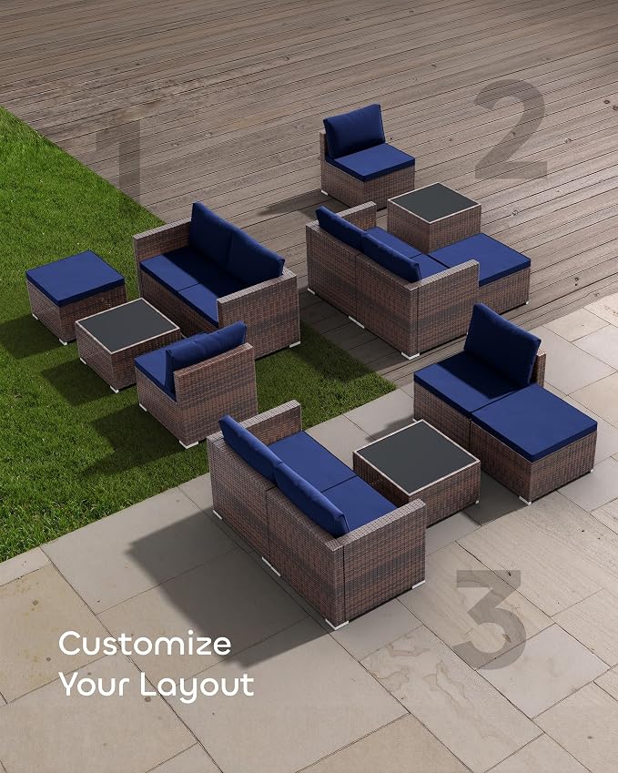 Skyfish Patio Furniture Set - Wide Armrests - All-Weather 5 Piece Outdoor Wicker Sectional Couch with Chaise Lounge,Couch Conversation Set, PE Rattan Sofa for Backyard Porch Poolside Brown/Navy Blue