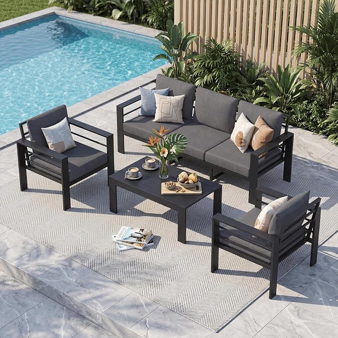 Aluminum Patio Furniture Set, 4 PCS Metal Oversized Outdoor Furniture Set Washable Thick Cushions, 5 Seat Patio Conversation Set with 3.54” Wide armrest and Coffee Table for Patio, Garden