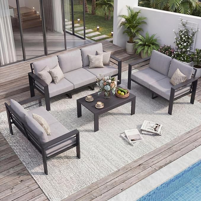 7-Seat Aluminum Patio Furniture Set, 4-Piece Oversized Metal Outdoor Conversation Set with 4" Thick Washable Cushions, Sectional Sofa with Coffee Table for Backyard, Garden, Poolside