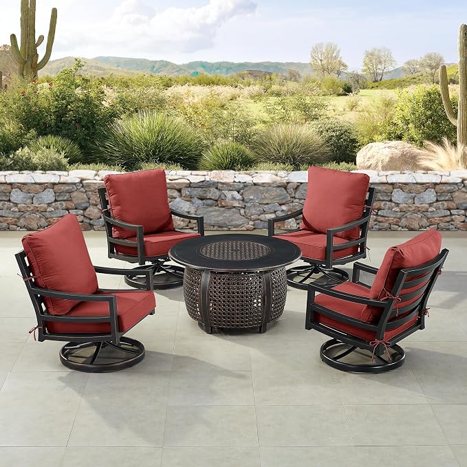 Oakland Living Black Aluminum Patio Fire Table Set with Four Club Chairs and Red Cushions