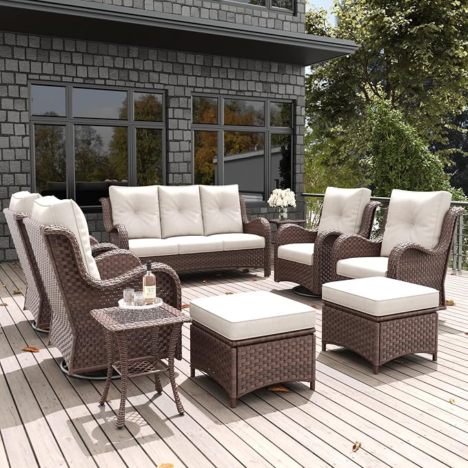 LayinSun 9 Pieces Outdoor Patio Furniture Set, Rattan Wicker Sectional Swivel Rocker Chairs Sets with Ottomans, Swivel Glider Chairs and Coffee Table