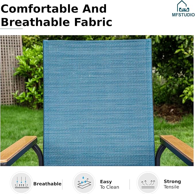 MFSTUDIO 5 PCS Outdoor Dining Set, Round Table & Aluminum Chairs, Blue | Stackbale textilene chairs, Light-weight & space-saving, Square Table, Umbrella Hole, Patio deck, 4 person