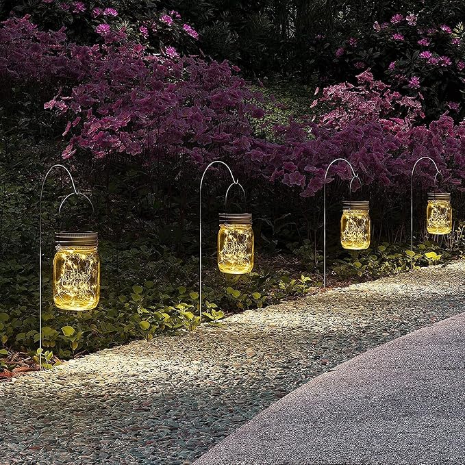 GIGALUMI Hanging Mason Jar Solar Lights, 6 Pack 30 Led Hanging Lantern | Solar Lanterns Outdoor Waterproof, Hangers and Jars Included, Outdoor Decor for Balcony, Garden, Patio, Yard, Wedding