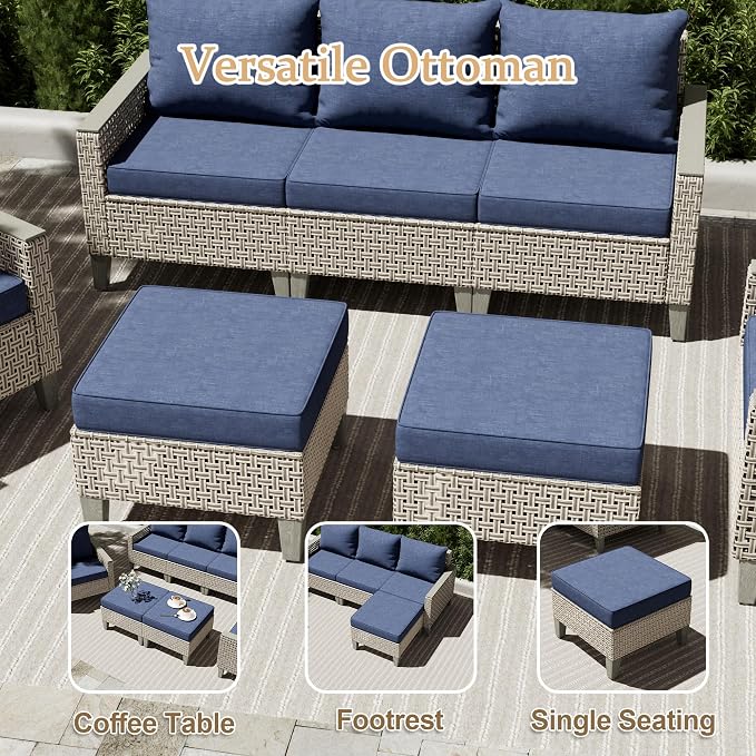 8 Pieces Patio Furniture Set with Fire Pit Table and Ottomans, Modern Outdoor Sectional Sofa with Comfy Cushions, Modular Wicker Rattan Patio Conversation Set, Navy