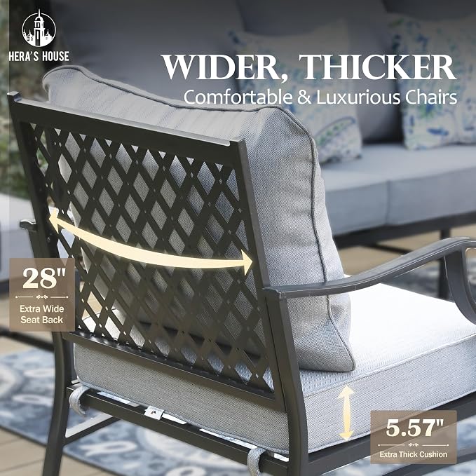 HERA'S HOUSE 6 Piece Patio Furniture Set, 2 x Rocking Cushioned Chair, 2 x Cushioned Ottoman, 1 x 3-Seat Sofa with Marbling Coffee Table, Outdoor Conversation Set for Lawn Garden Backyard, Grey