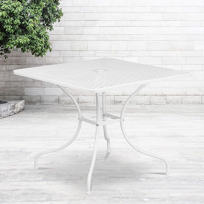 EMMA + OLIVER Commercial Grade 35.5" SQ White Indoor-Outdoor Steel Patio Table - Umbrella Hole