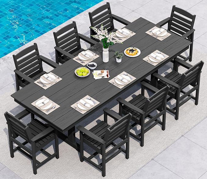 SERWALL Outdoor Dining Table, 84" Rectangular Dining Table for 6-8 Person, All Weather HDPE Outdoor Furniture for Backyard, Garden, Black
