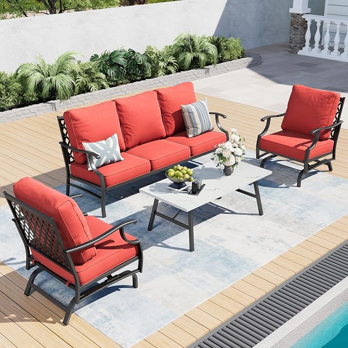 SUNSHINE VALLEY 4 Piece Metal Outdoor Patio Furniture Set, Patio Conversation Set 1 3-Seater Sofa, 2 Rocking Chair with 5.75" Extra Thick Cushion and Coffee Table, Black Frame Backyard Furniture, Red