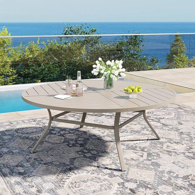 DIFY 11 Piece Outdoor Patio Dining Set for 10, 63" Round Dining Table with Umbrella Hole and Stackable Metal Chairs, Patio Table and Chairs Set for Backyard Garden Poolside, Sandshell