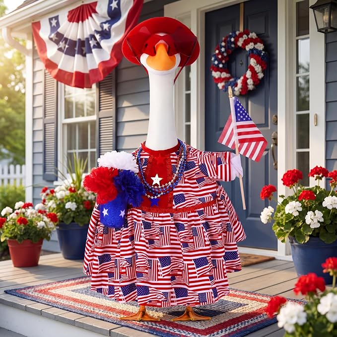 Abbylike 4th of July Porch Goose Outfit Fit 23" Plastic & Cement Statue American Flag Goose Skirt Clothes for Patriotic 250th Anniversary Independence Day Outdoor Garden Yard Patio Lawn Decor