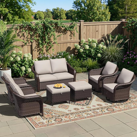 7 Piece Patio Wicker Conversation Set, All-Weather Use Outdoor Wicker Loveseat with 2 PE Rattan Ottomans,2 Chair, 2 Swivel Chair, Ideal for Porch, Backyard, Balcony, Poolside, Beige