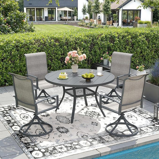 DIFY 5 Pieces Outdoor Patio Dining Set, 4 Grey Padded Textilene Swivel Dining Chairs and 40.6" Grey Round Dining Table, Metal Outdoor Table and Chairs for Poolside Backyard Deck