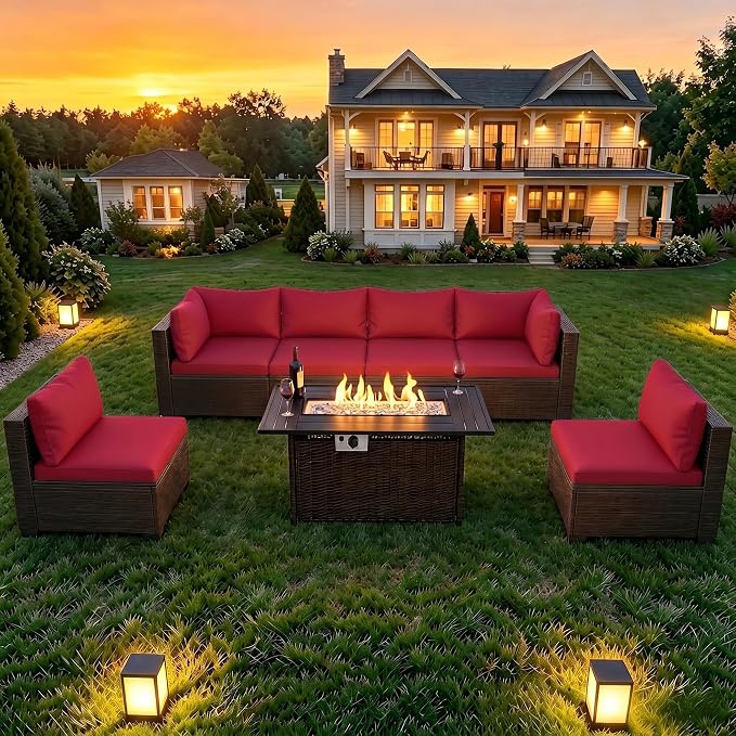 LAFWELL 8-Piece Wicker Patio Conversation Set with 44" Propane Fire Pit Table, Cozy Outdoor Sectional Sofa for Backyard Gatherings, Poolside Lounging & Garden Parties