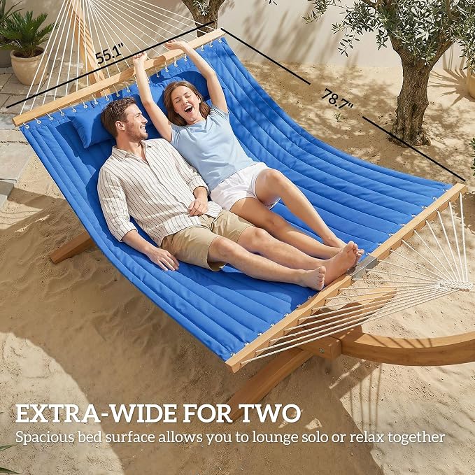 2-Person Outdoor Hammock with Pillow & Pad, 128in x 55.1in, 440lb Capacity, Quilted Polyester Fabric