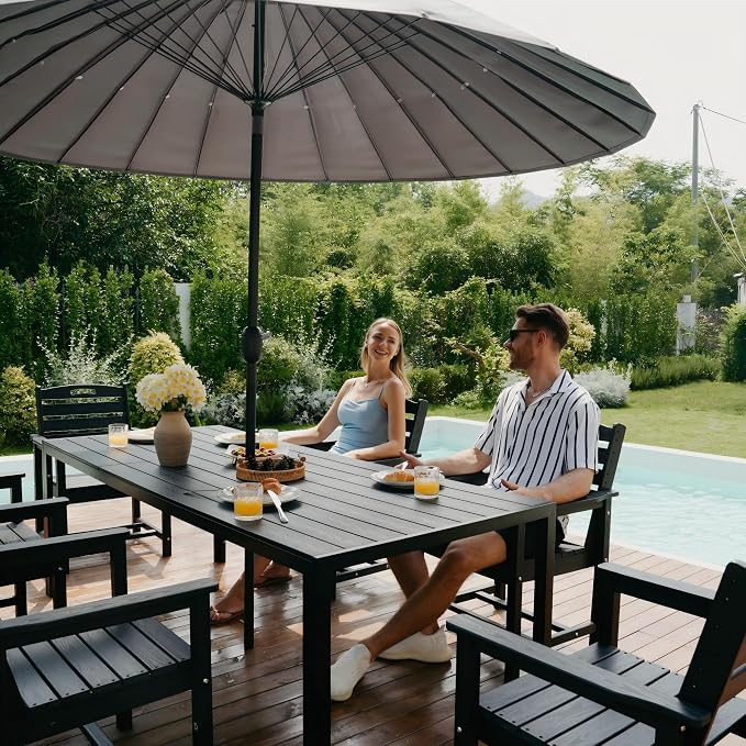 PIZZELLO 9-Piece Outdoor Patio Dining Set, 8Pcs HDPE Patio Chairs and 83" Rectangular Dining Table, All Weather Outdoor Table and Chairs Set for Backyard, Garden, Deck and Poolside