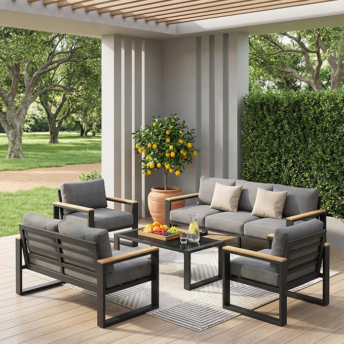 Aluminum Outdoor Patio Furniture Set with Height-adjustable Footrest for Lawn Porches Patio, 7-Seats All-weather Patio Sofa Sets with Coffee Table, Modern Outdoor Patio Conversation set, Grey