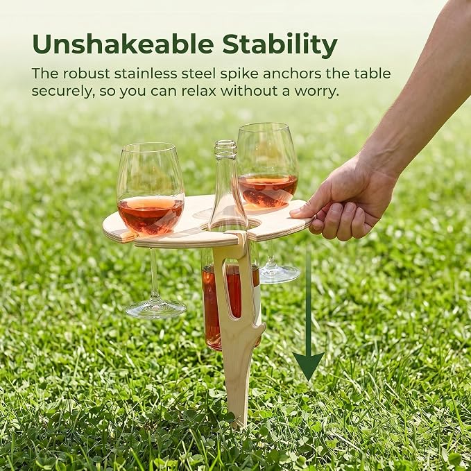 Portable Outdoor Wine Table with Removable Round Wooden Wine Rack, Ground Fixing Design, Comes with Storage Bag, Small Picnic Table for Wine Lovers, Ideal for Garden Lawn Beach, Easy to Carry & Store