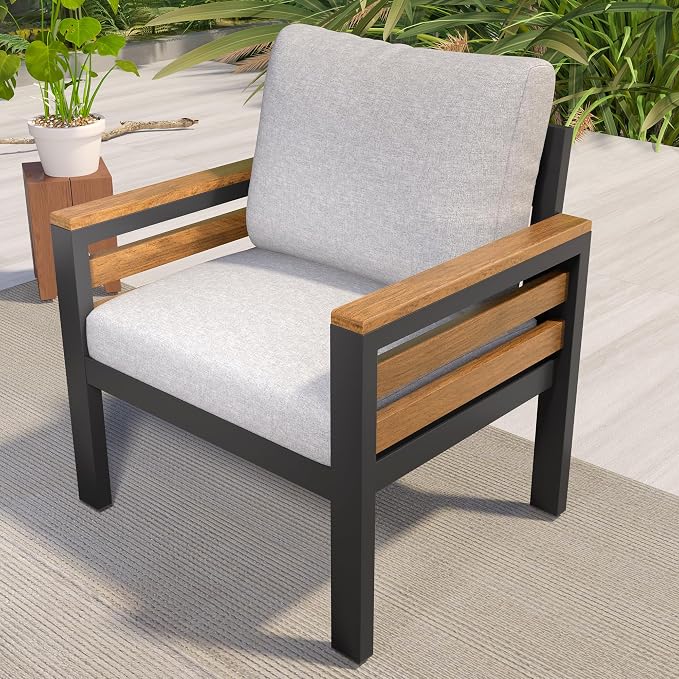 KLMM 4-Piece Outdoor Sofa Set for 5 People with Acacia Wood Armrests, Patio Conversation Set with Removable Cushion and Solid Wood Coffee Table,for Garden Backyard (Beige#g)