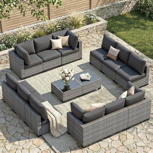 FHFO 14 Piece Outdoor Wicker Patio Furniture Set, Grey/Dark Grey | Sectional Sofa | All-Weather Hand-Woven Rattan | Tempered Glass Coffee Table | Free Combination | Indoor & Outdoor Use