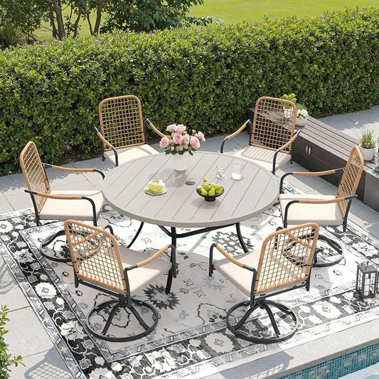 DIFY 7 Pieces Outdoor Dining Set for 6, 50" Round Dining Table with Umbrella Hole & Wicker Swivel Patio Chairs with Cushions, Metal Patio Table and Chairs Set for Backyard Porch, Grey Wood-Like