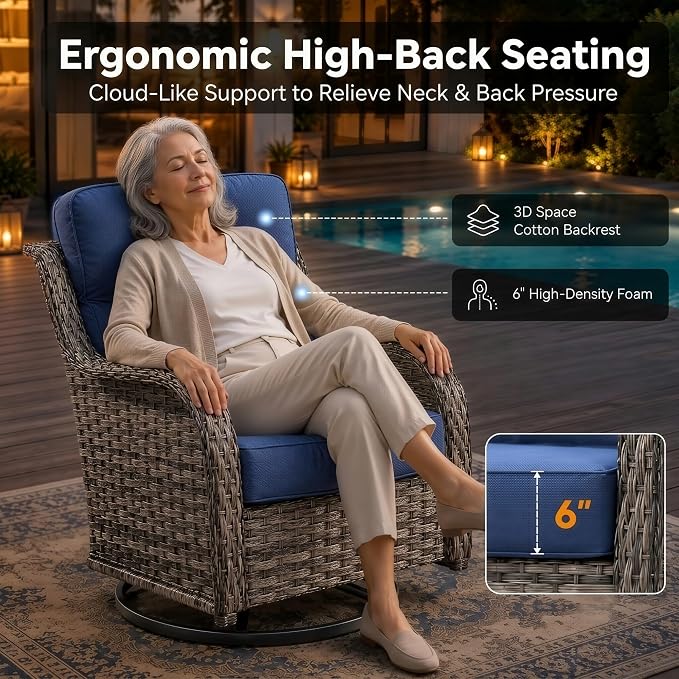 HUMMUH 10-Piece Wicker Swivel Rocker Patio Furniture Set with Fire Pit | 50,000 BTU fire pit, 6-inch 28D foam cushions, UV-proof PE wicker, Olefin fabric, 350lb weight capacity