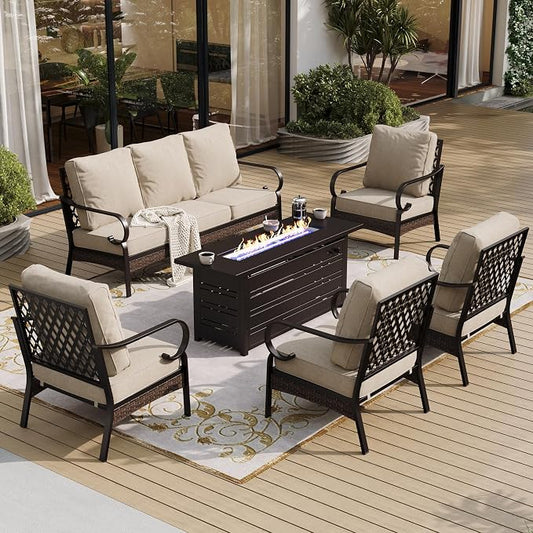 SUNSHINE VALLEY 6 Piece Black Metal Outdoor Patio Furniture Sets with Firepit Table, Patio Conversation Sets 1 3-Seater Sofa, 4 Single Sofa with 5.75" Thick Cushion Backyard Furniture for Deck, Beige
