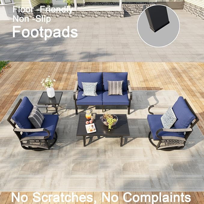 5 Pieces Modern Patio Furniture Set, All Weather Metal Outdoor Conversation Sets with 5.1" Extra Thick Cushion for Backyard Garden Deck Porch Poolside, Blue