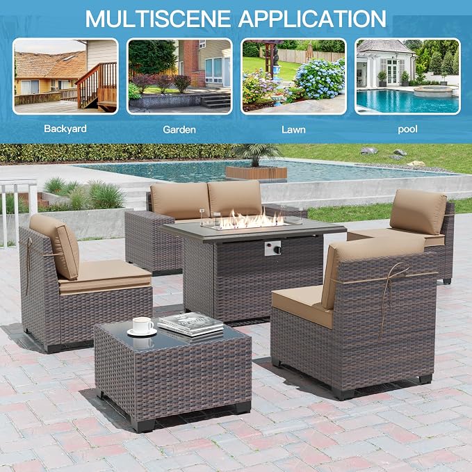 7 Pieces Outdoor Patio Furniture Set with 43"/55000BTU Gas Fire Pit Table,PE Rattan Wicker Outdoor Conversation Sofa Set Non-Slip Cushions Waterproof Covers for Backyard,Poolside,Garden,Sand