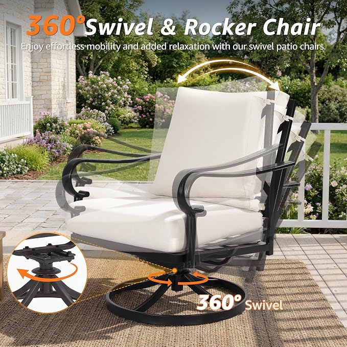 NATURAL EXPRESSIONS 4 Piece Patio Furniture Set, Vintage Metal Outdoor Conversation Set with High Back Swivel Rocking Chairs, 3 Seater Sofa Chairs for Balcony, Porch