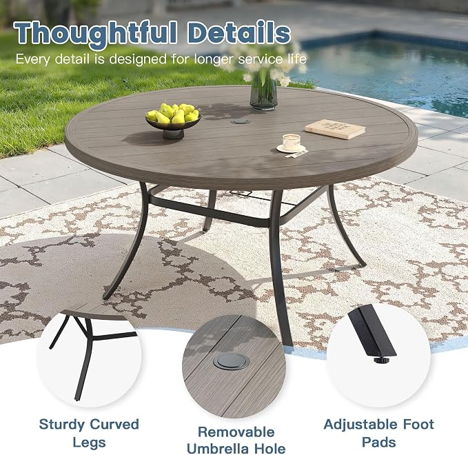 DIFY 9 Pieces Outdoor Dining Set for 8, Outdoor Furniture Set of 8 Sandshell Textilene Swivel Patio Chairs, 60" Grey Wood-Like Round Metal Dining Table Set with Umbrella Hole, for Garden Deck Backyard