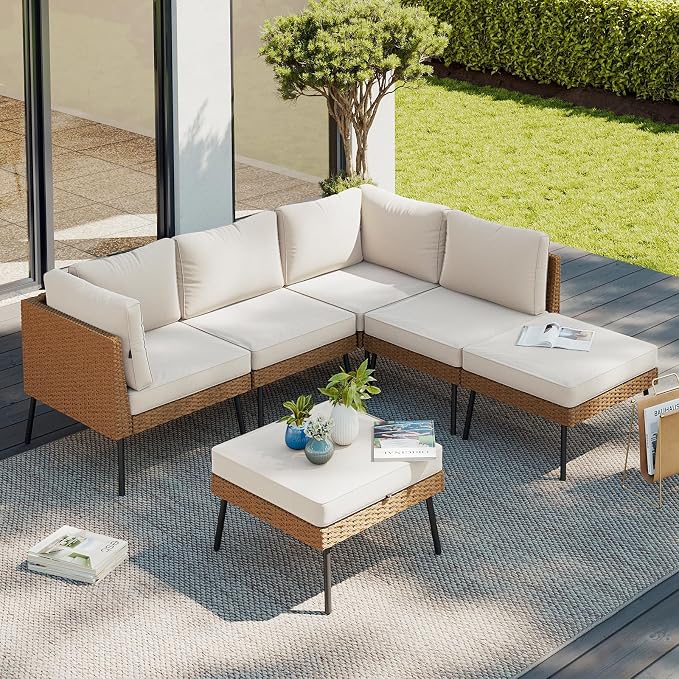 Aoxun 6 Piece Patio Furniture Set, 6 Seats Outdoor Sectional Sofas with Thick Cushion, Wicker Outdoor Patio Furniture Set with Ottomans for Party, Garden, Backyard, Beige