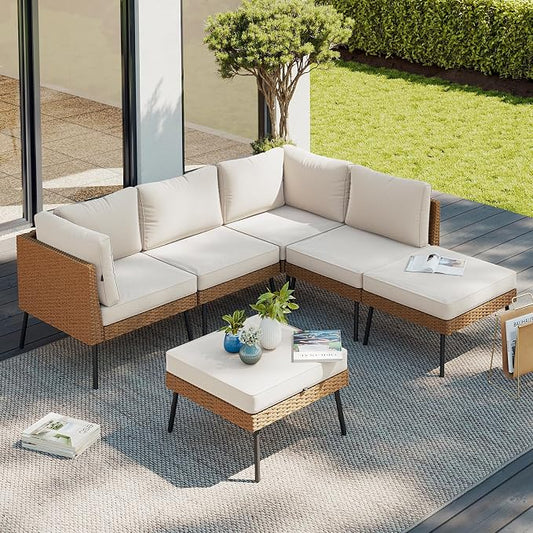 Aoxun 6 Piece Patio Furniture Set, 6 Seats Outdoor Sectional Sofas with Thick Cushion, Wicker Outdoor Patio Furniture Set with Ottomans for Party, Garden, Backyard, Beige