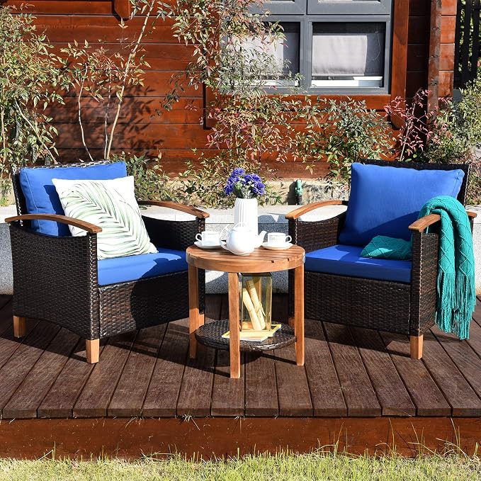 COSTWAY 3PCS Patio Rattan Furniture Set, Outdoor Solid Wood Frame Cushion Sofa with Round Table for Garden Porch Backyard Poolside (Blue)