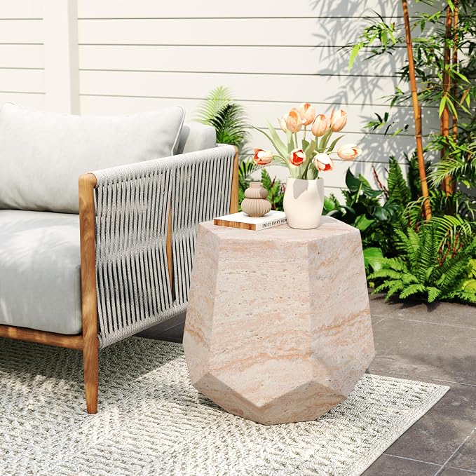 Merax Outdoor Lightweight Concrete Side Table 18" Dx19 H Hexagonal Round Travertine Indoor Accent Table Weather Resistant End Table for Patio, Beige