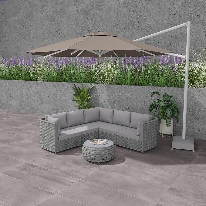 TWT 6-Piece Modular Outdoor Sectional Sofa Set, 5-Seater Woven Rope Patio Conversation Set with Coffee Table, Water-Resistant Cushions, for Backyard Balcony Deck,Khaki Gray