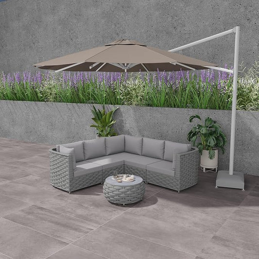 TWT 6-Piece Modular Outdoor Sectional Sofa Set, 5-Seater Woven Rope Patio Conversation Set with Coffee Table, Water-Resistant Cushions, for Backyard Balcony Deck,Khaki Gray