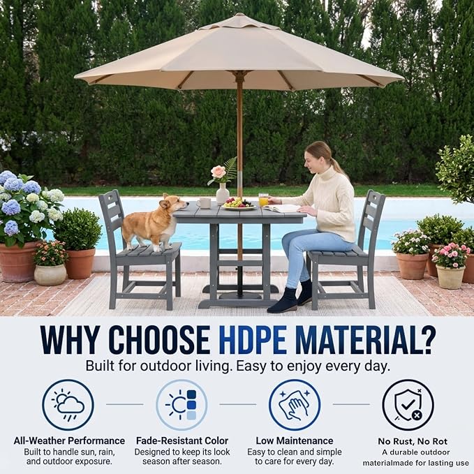 WILLIAMSPACE 37.8" Outdoor Patio Dining Set with 2 Armless Chairs, All Weather HDPE Square Dining Table with Umbrella Hole, Patio 3-Piece Bistro Set for Backyard, Balcony, Lawn, Kitchen (Grey)