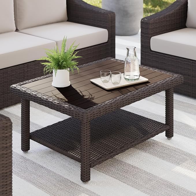 Martha Stewart Bedford Indoor-Outdoor Patio Coffee Table with Lower Shelf, Faux Wood Top, and Rattan Wicker Finish in Brown