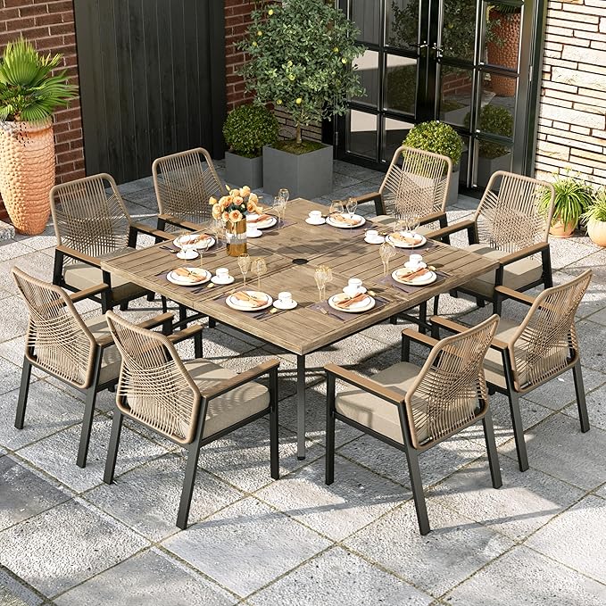 MIXPATIO 9 Pcs Outdoor Dining Set, 8 Rattan Fixed Chairs with Soft Cushion and 57.5" Square Table with Umbrella Hole, Patio Table and Chairs for Backyard Porch
